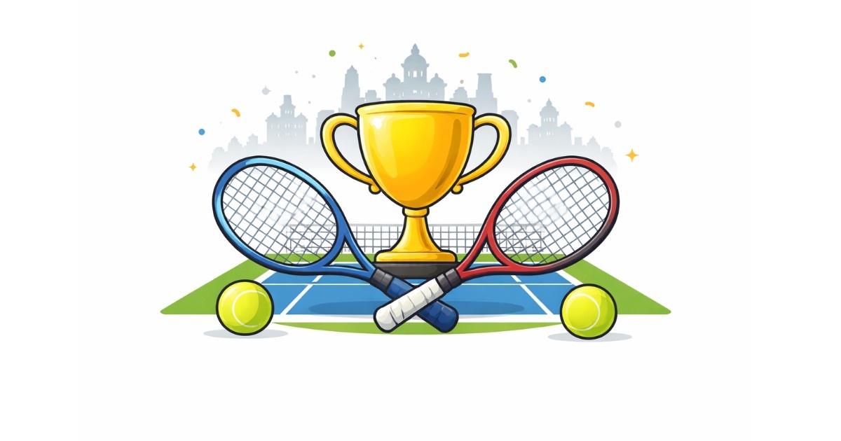 Minimal flat vector illustration of a golden tennis trophy with crossed rackets and tennis balls on a court, symbolizing ITF Bengaluru Open 2026 tournament highlights