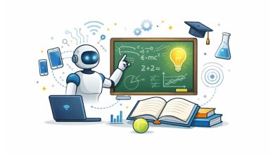 Minimal flat vector illustration of a digital classroom with a smart board, AI chip symbol and students using tablets, representing technology-driven education in 2026