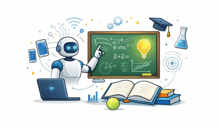Minimal flat vector illustration of a digital classroom with a smart board, AI chip symbol and students using tablets, representing technology-driven education in 2026