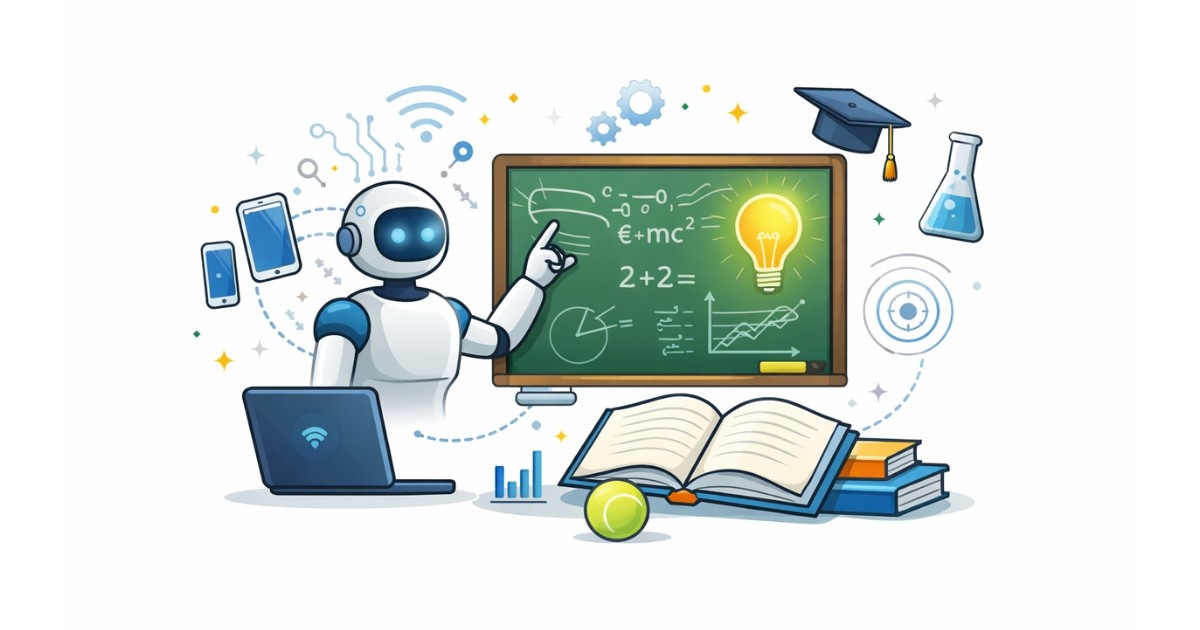 Minimal flat vector illustration of a digital classroom with a smart board, AI chip symbol and students using tablets, representing technology-driven education in 2026