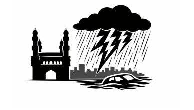 Minimal vector illustration of Charminar under dark storm clouds with lightning and heavy rain symbolizing intense rainfall alert in Hyderabad