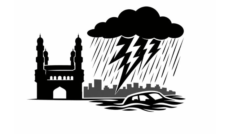 Minimal vector illustration of Charminar under dark storm clouds with lightning and heavy rain symbolizing intense rainfall alert in Hyderabad