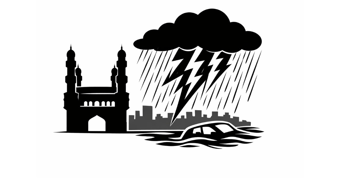 Minimal vector illustration of Charminar under dark storm clouds with lightning and heavy rain symbolizing intense rainfall alert in Hyderabad