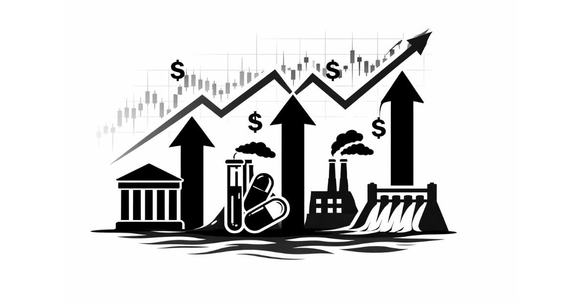 Minimal vector illustration of stock market growth arrows with banking, pharma, industrial and hydro power symbols representing key market movers IDFC Bank, UPL, Novartis India and NHPC