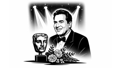Minimal black and white vector illustration of Dharmendra beside a BAFTA mask during an emotional tribute at the British Academy Film Awards