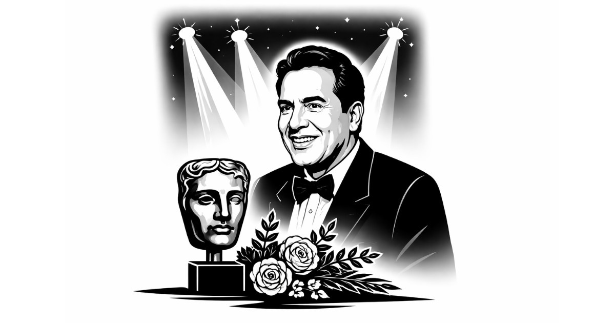 Minimal black and white vector illustration of Dharmendra beside a BAFTA mask during an emotional tribute at the British Academy Film Awards