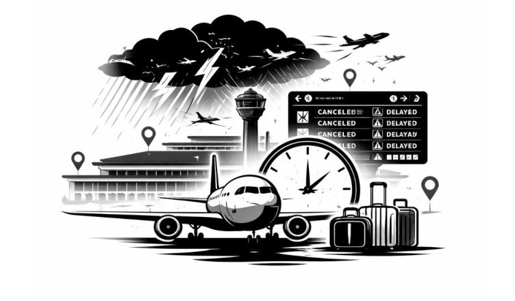 Minimal black and white vector illustration of airplanes grounded under storm clouds with a departures board showing canceled and delayed flights at Cancún Airport