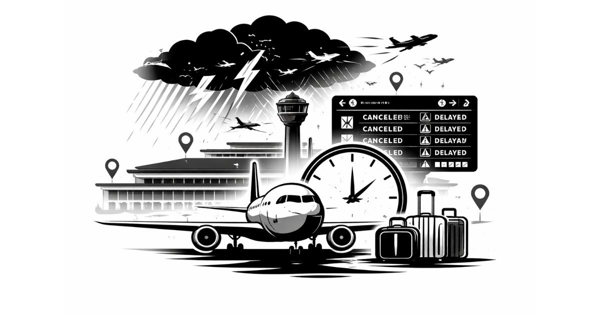 Minimal black and white vector illustration of airplanes grounded under storm clouds with a departures board showing canceled and delayed flights at Cancún Airport