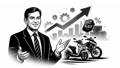 Minimal black and white vector illustration of a business leader with upward growth arrow, motorcycles and GST symbol representing TVS Motor CEO’s views on long-term two-wheeler sector growth