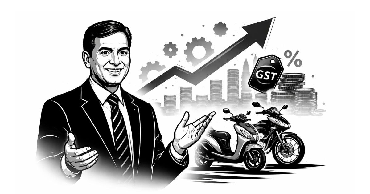 Minimal black and white vector illustration of a business leader with upward growth arrow, motorcycles and GST symbol representing TVS Motor CEO’s views on long-term two-wheeler sector growth