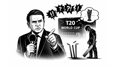Minimal black and white vector illustration of a former cricketer analyzing a broken cricket bat with a downward trend arrow symbolizing criticism of India’s T20 World Cup batting performance
