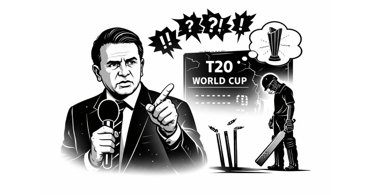 Minimal black and white vector illustration of a former cricketer analyzing a broken cricket bat with a downward trend arrow symbolizing criticism of India’s T20 World Cup batting performance
