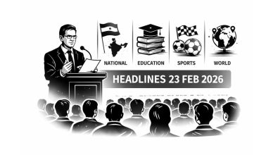 Minimal black and white vector illustration of a school assembly with a student at podium and symbolic icons representing national, education, sports and world news updates