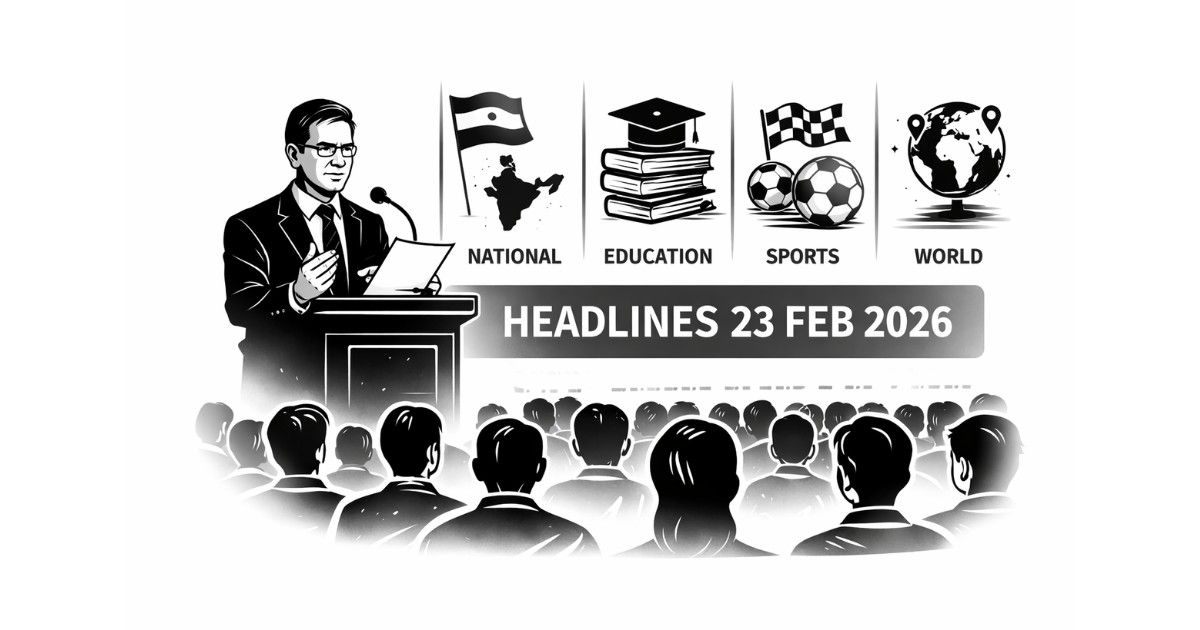Minimal black and white vector illustration of a school assembly with a student at podium and symbolic icons representing national, education, sports and world news updates