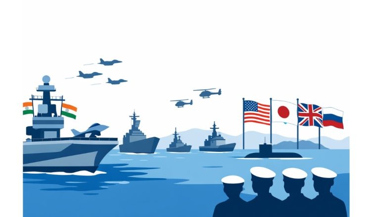 Minimal editorial illustration of warships, aircraft carrier, fighter jets and international naval flags during International Fleet Review 2026 in Visakhapatnam