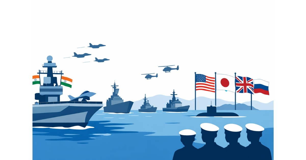 Minimal editorial illustration of warships, aircraft carrier, fighter jets and international naval flags during International Fleet Review 2026 in Visakhapatnam