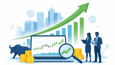 Minimal editorial illustration of rising stock market graph with upward green arrow, financial chart on laptop and city skyline representing Sensex and Nifty rally