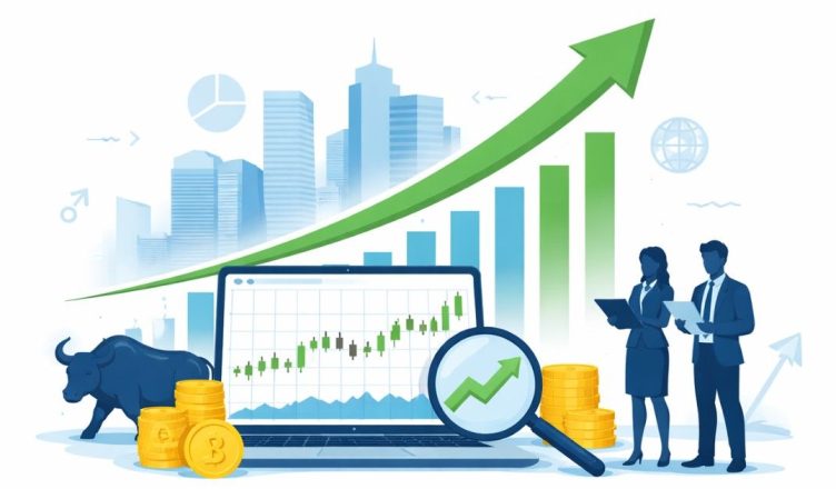 Minimal editorial illustration of rising stock market graph with upward green arrow, financial chart on laptop and city skyline representing Sensex and Nifty rally