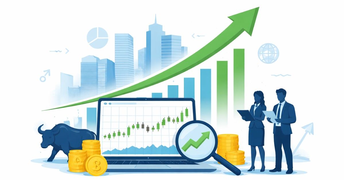 Minimal editorial illustration of rising stock market graph with upward green arrow, financial chart on laptop and city skyline representing Sensex and Nifty rally