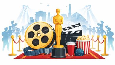 Minimal editorial illustration of film reel, golden award trophy and red carpet representing Delhi International Film Festival 2026