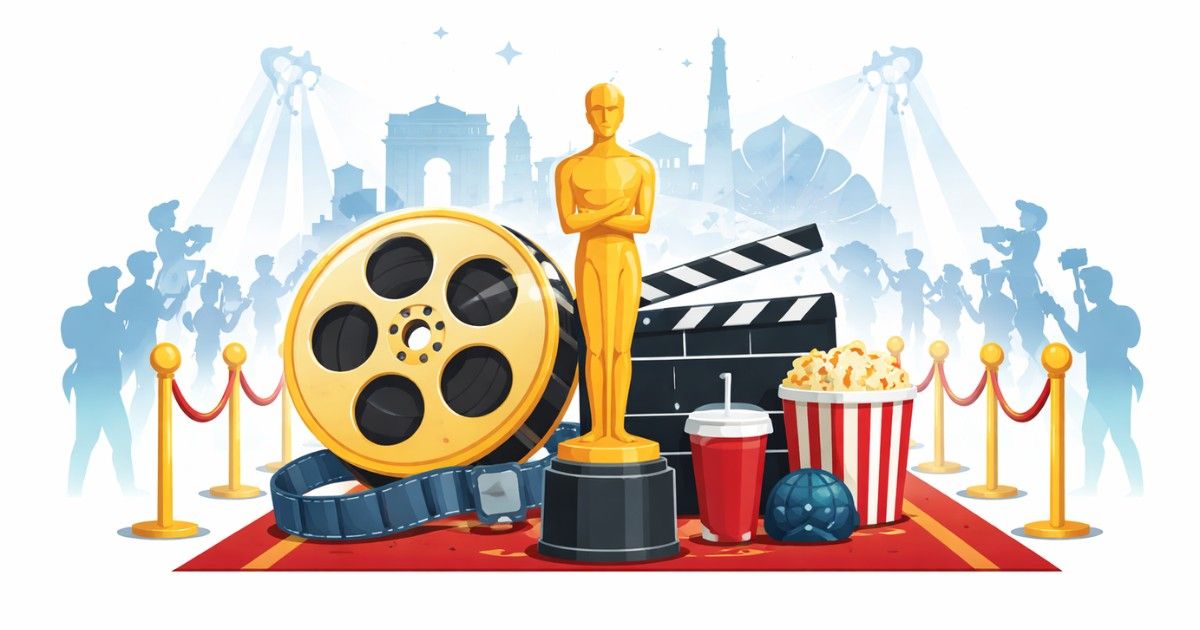 Minimal editorial illustration of film reel, golden award trophy and red carpet representing Delhi International Film Festival 2026