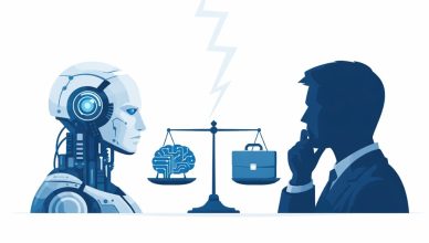 Minimal editorial illustration of human silhouette facing robotic head with balance scale symbolizing AI and job replacement debate