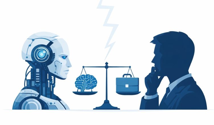 Minimal editorial illustration of human silhouette facing robotic head with balance scale symbolizing AI and job replacement debate