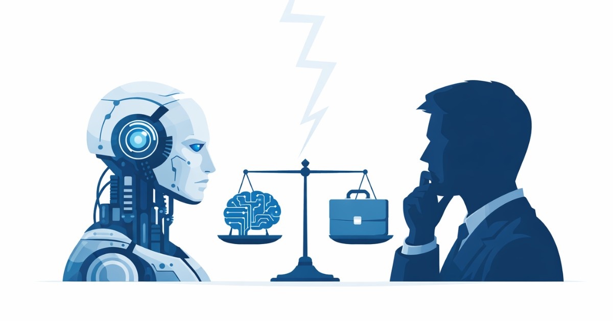 Minimal editorial illustration of human silhouette facing robotic head with balance scale symbolizing AI and job replacement debate