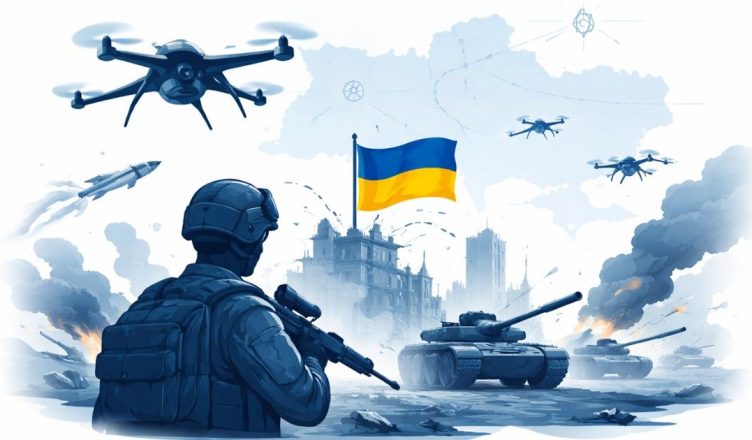 Minimal editorial illustration of soldier, drones and tanks with Ukrainian flag symbolizing fifth year of Ukraine war and evolving military strategy