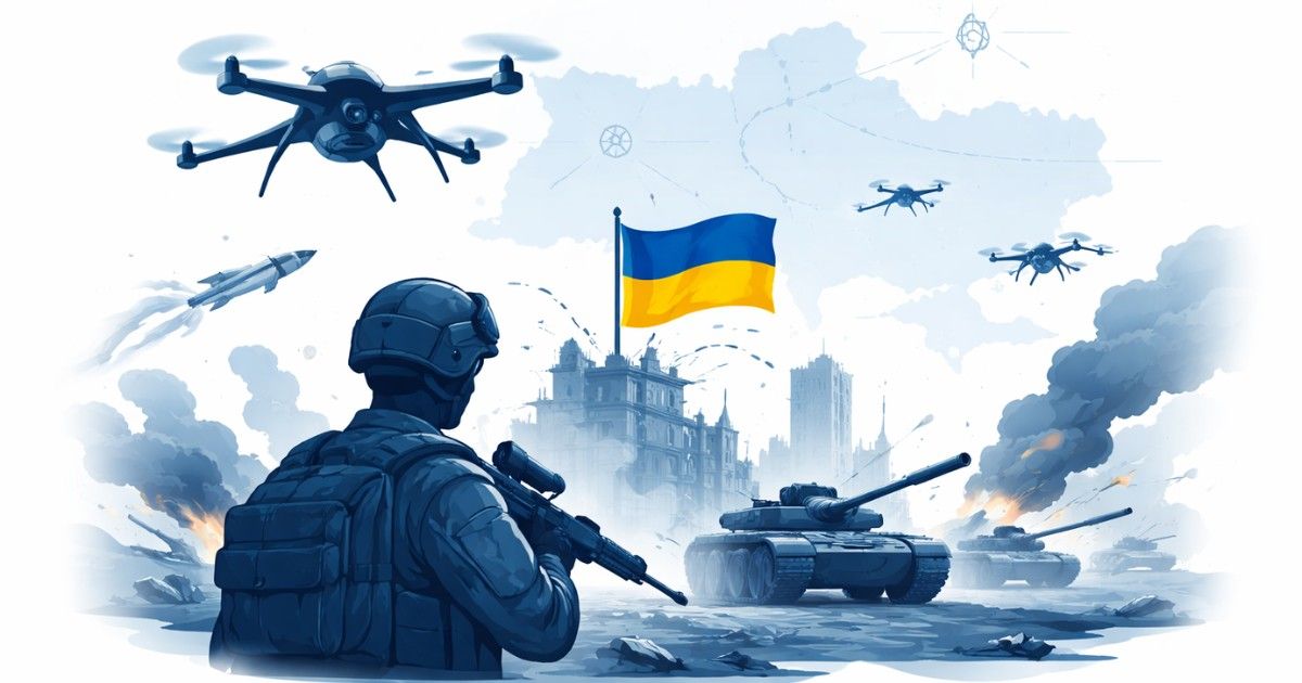 Minimal editorial illustration of soldier, drones and tanks with Ukrainian flag symbolizing fifth year of Ukraine war and evolving military strategy