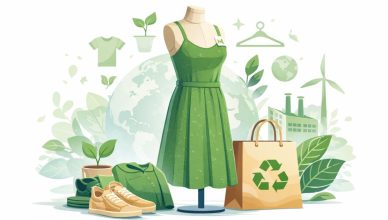 Minimal editorial illustration of green eco-friendly dress, recycled shopping bag and plant elements representing sustainable fashion trends in 2026