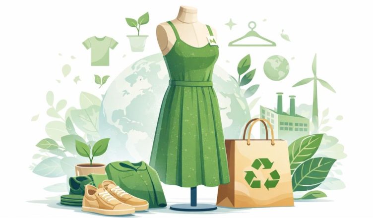 Minimal editorial illustration of green eco-friendly dress, recycled shopping bag and plant elements representing sustainable fashion trends in 2026