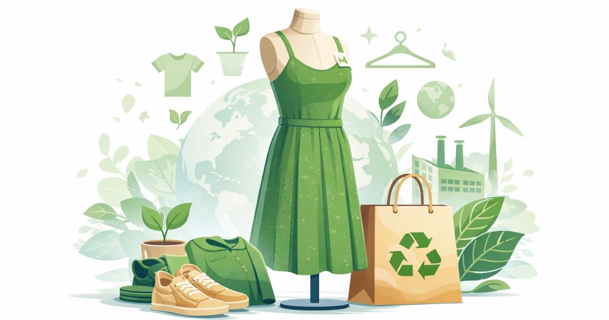 Minimal editorial illustration of green eco-friendly dress, recycled shopping bag and plant elements representing sustainable fashion trends in 2026