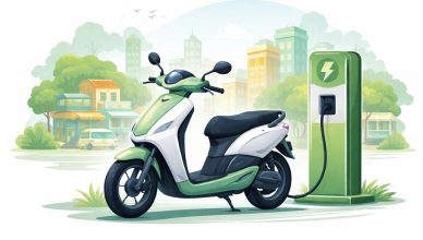 Minimal editorial illustration of an electric scooter with charging symbol and city skyline in the background representing rising EV adoption in smaller Indian cities