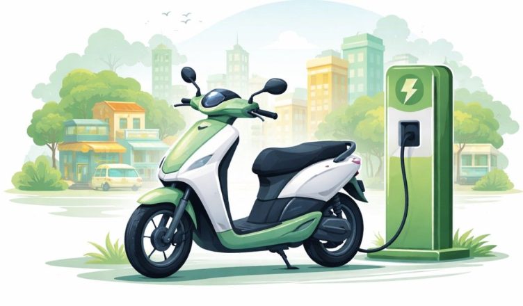 Minimal editorial illustration of an electric scooter with charging symbol and city skyline in the background representing rising EV adoption in smaller Indian cities