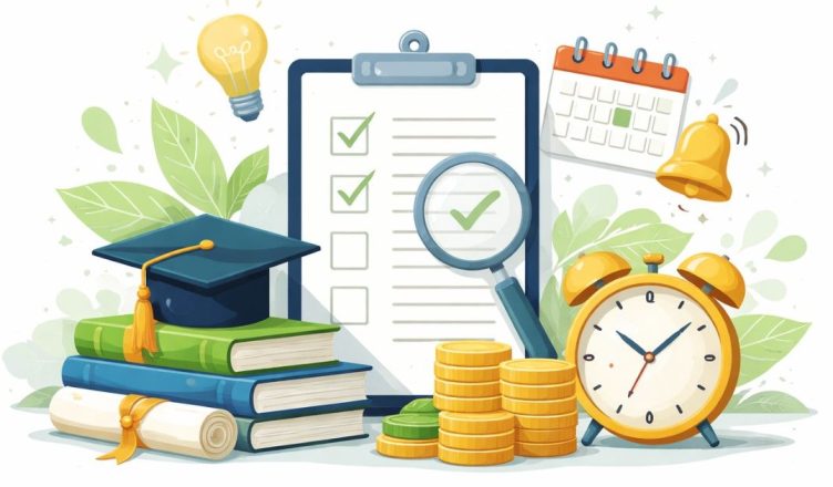 Minimal editorial illustration of graduation cap, checklist clipboard with magnifying glass, calendar and coins representing scholarship alerts and education policy updates for students
