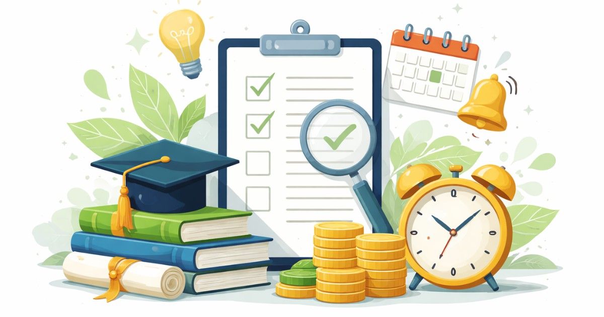 Minimal editorial illustration of graduation cap, checklist clipboard with magnifying glass, calendar and coins representing scholarship alerts and education policy updates for students