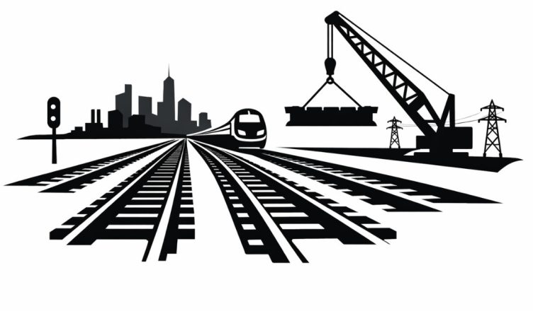 Minimal editorial illustration of multi-track railway expansion in India with a modern train, parallel tracks, construction crane, and city skyline in high-contrast vector style.