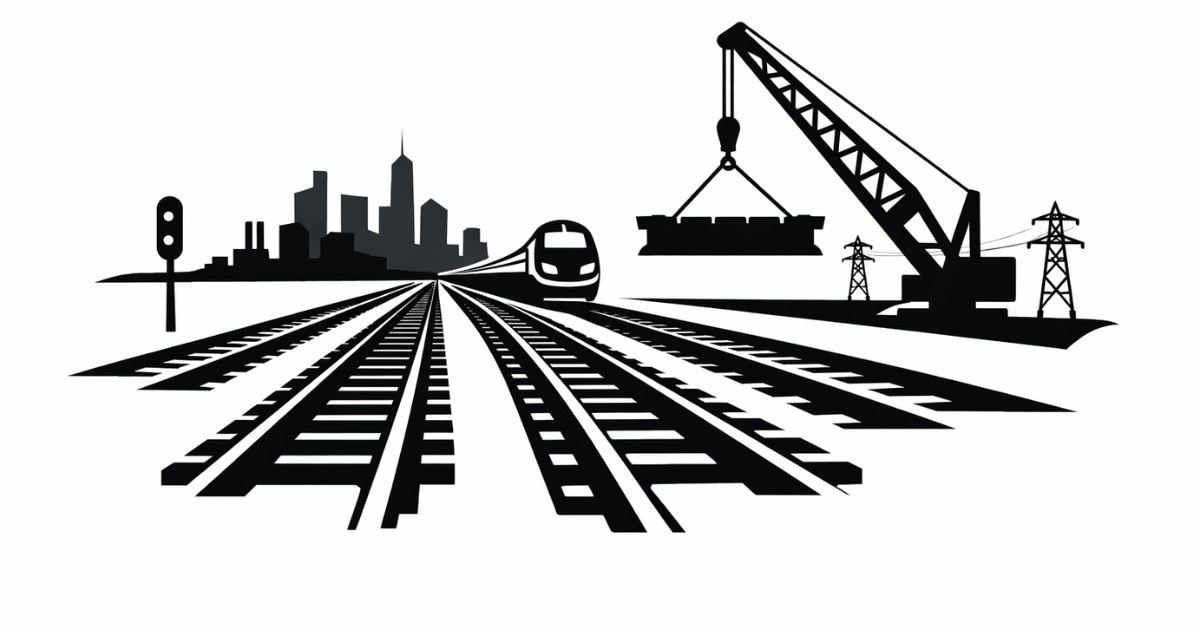 Minimal editorial illustration of multi-track railway expansion in India with a modern train, parallel tracks, construction crane, and city skyline in high-contrast vector style.