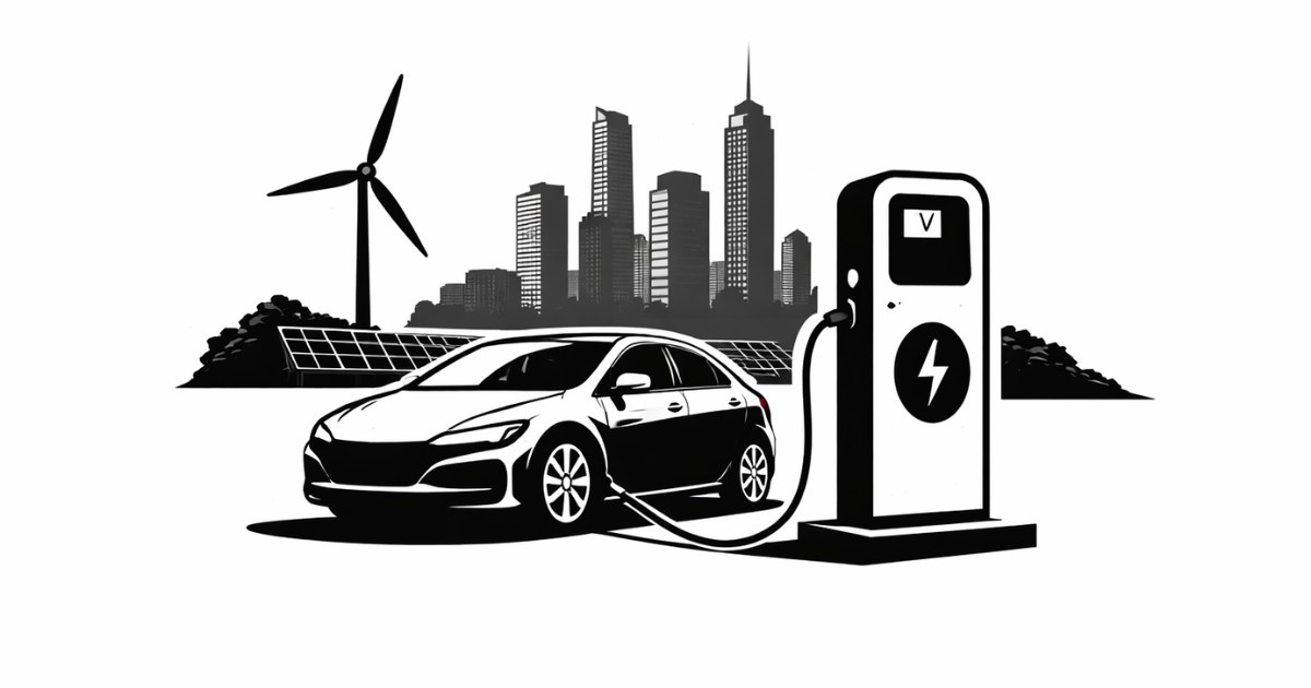 Minimal editorial illustration of an electric vehicle charging at a public EV station with city skyline, wind turbine, and solar panels symbolizing India’s EV infrastructure growth in 2026.