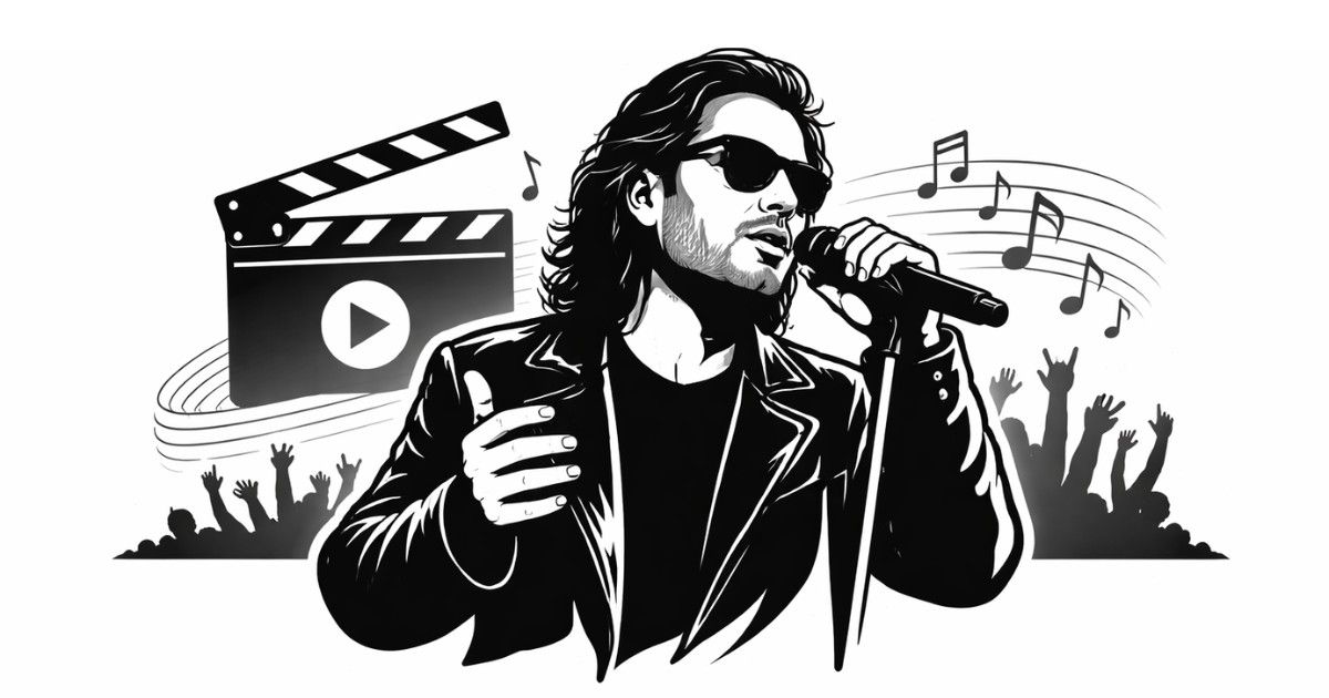Minimal editorial illustration of a male singer performing with microphone, film clapperboard, and musical notes symbolizing Leslee Lewis’s comeback and evolving Bollywood music trends.