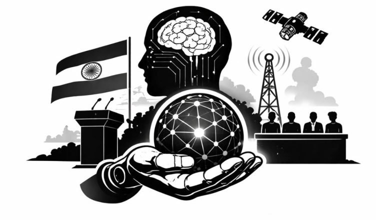 Minimal editorial illustration of a human silhouette with a circuit brain and digital globe, alongside Indian flag, satellite, and communication tower symbolizing India AI Impact Summit 2026 and national tech priorities.