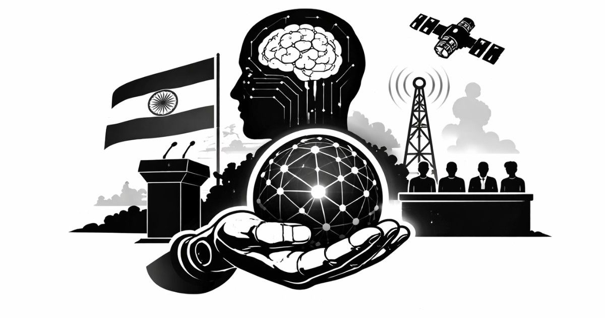 Minimal editorial illustration of a human silhouette with a circuit brain and digital globe, alongside Indian flag, satellite, and communication tower symbolizing India AI Impact Summit 2026 and national tech priorities.