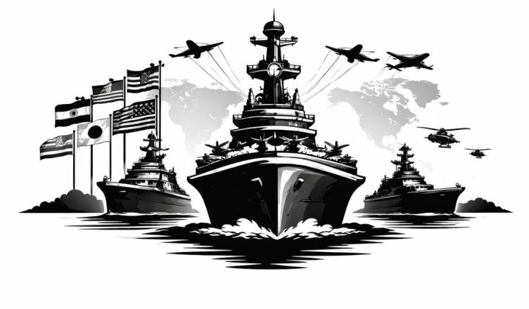 Minimal editorial illustration of naval warships and aircraft carrier with fighter jets overhead and global backdrop symbolizing International Fleet Review 2026 in Vizag and strategic maritime diplomacy.