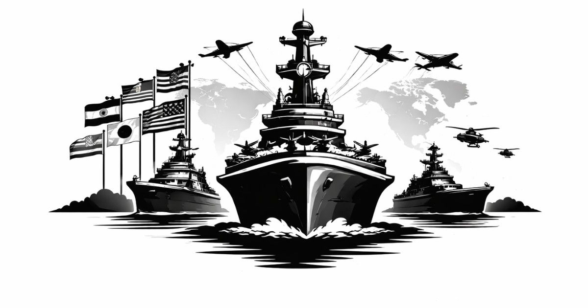 Minimal editorial illustration of naval warships and aircraft carrier with fighter jets overhead and global backdrop symbolizing International Fleet Review 2026 in Vizag and strategic maritime diplomacy.