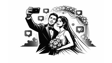 Minimal editorial illustration of a bride and groom taking a selfie at their wedding with floating heart icons, symbolizing a viral mirror wedding trend in Telangana.