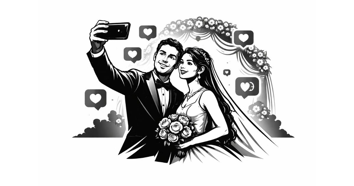 Minimal editorial illustration of a bride and groom taking a selfie at their wedding with floating heart icons, symbolizing a viral mirror wedding trend in Telangana.