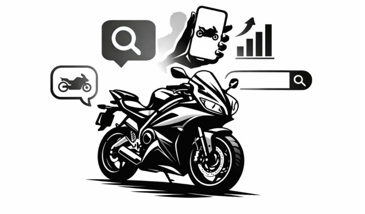 Minimal black and white editorial illustration of a modern sport motorcycle silhouette symbolizing trending bike searches and consumer interest in India, February 2026.