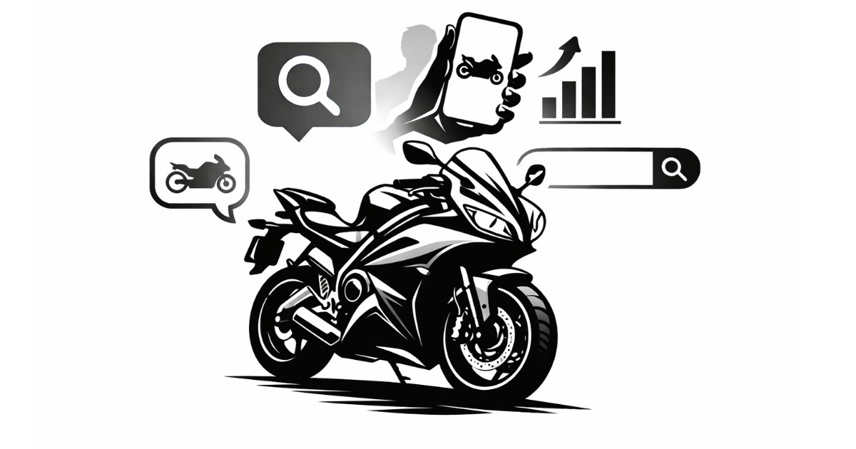 Minimal black and white editorial illustration of a modern sport motorcycle silhouette symbolizing trending bike searches and consumer interest in India, February 2026.