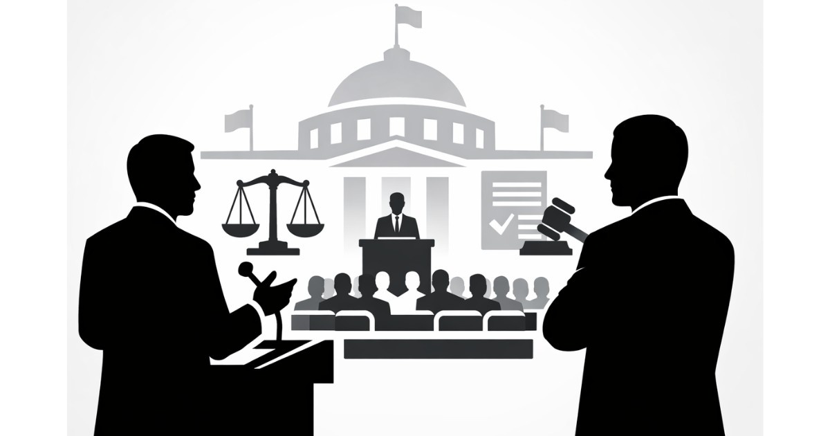 Minimal editorial illustration of a parliament session with a speaker at the podium, opposition leader silhouette, and policy symbols representing major bills and strategy updates in 2026.